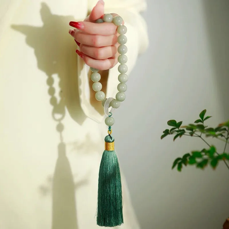 Cocktail Shaker Set - Green Jade Stone 12mm Beads Tassel
